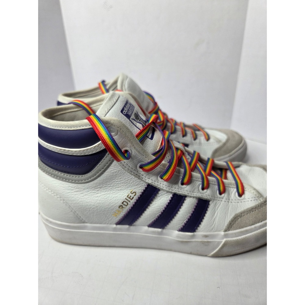 Adidas Matchcourt High RX Hardies White Purple Rainbow Laces F36438 Mens 5.5